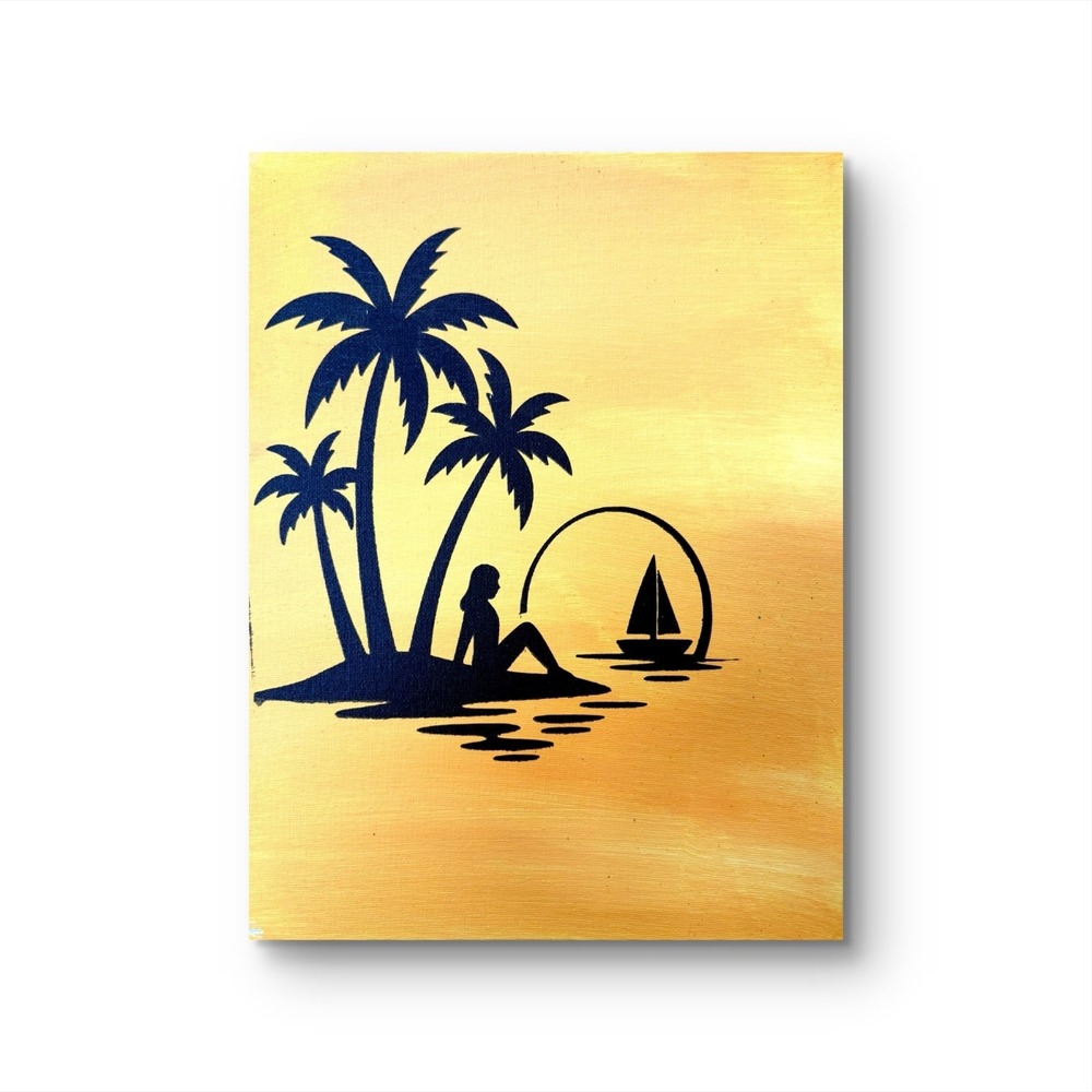 Papa Diouf Painting Tropical Sunset Silhouette Gold 11x14 New